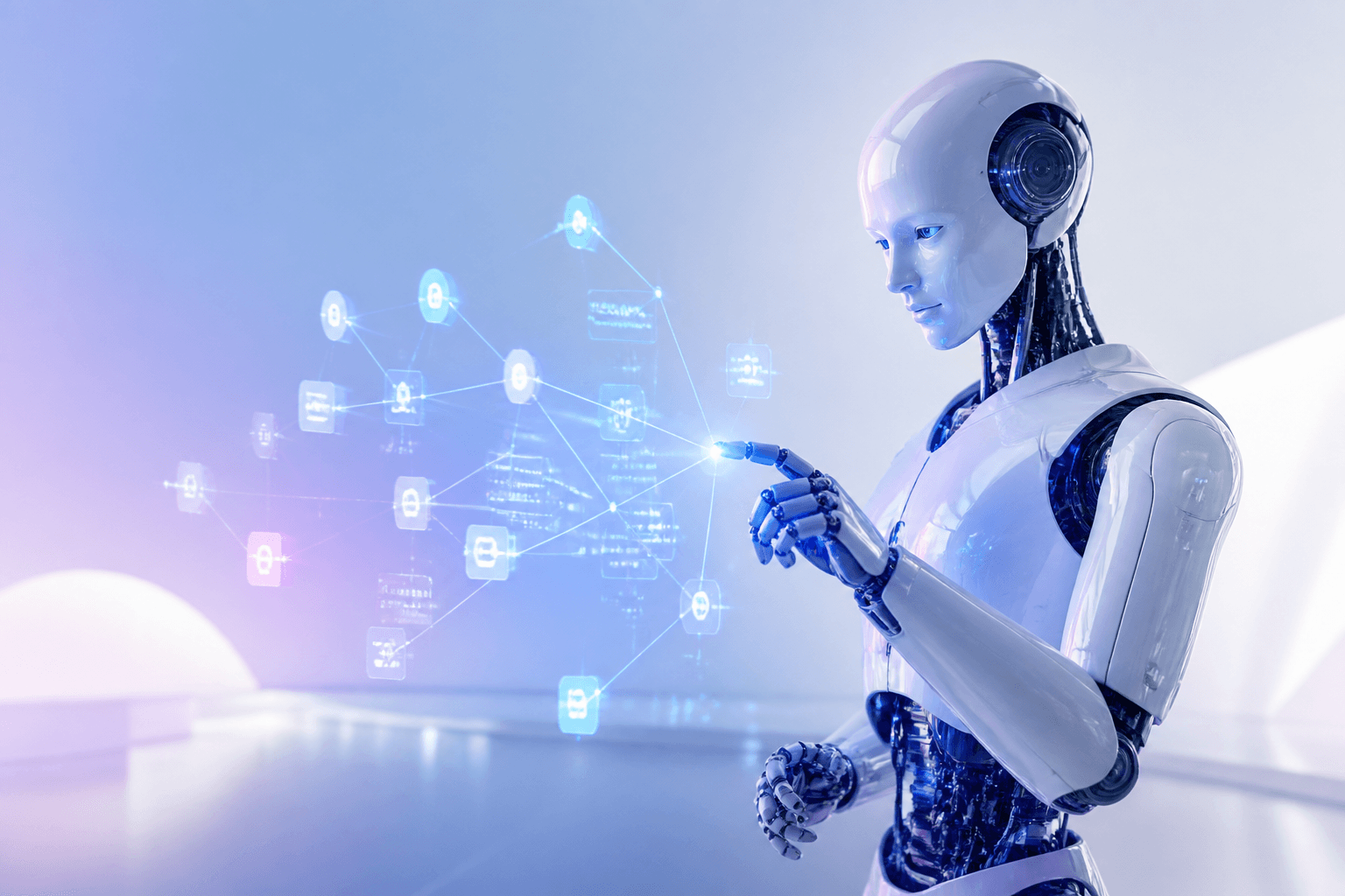 Robô de Inteligência Artificial operando automações digitais